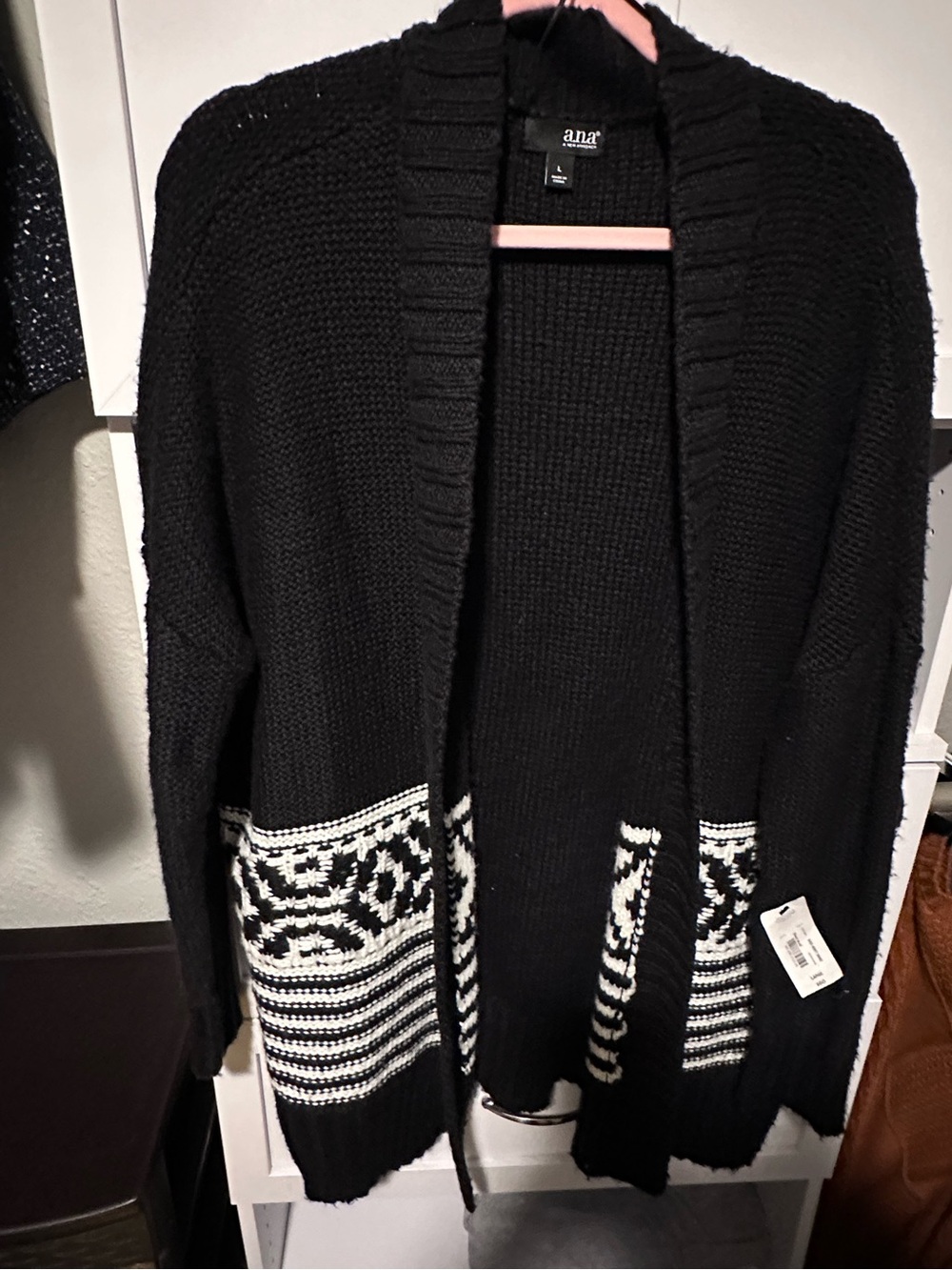 NWT a.n.a. Black Fair Isle Open Front Cardigan Sweater Women’s Size L